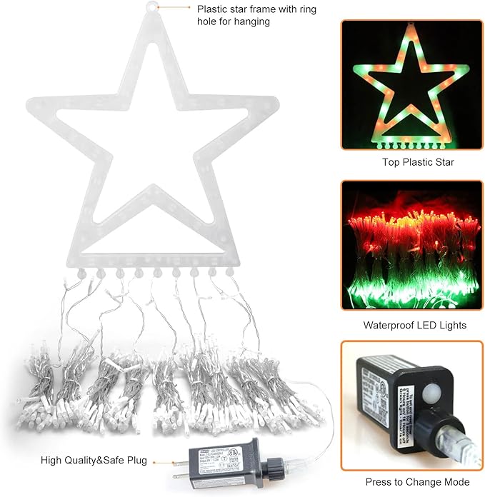 PUHONG Christmas Star Lights16.4Ft 320 LED Christmas Decoration String Lights[8 Modes &amp Waterproof ]with 11 Lighted Star for Halloween Xmas New Year (Plastic Star-Red &amp Green)