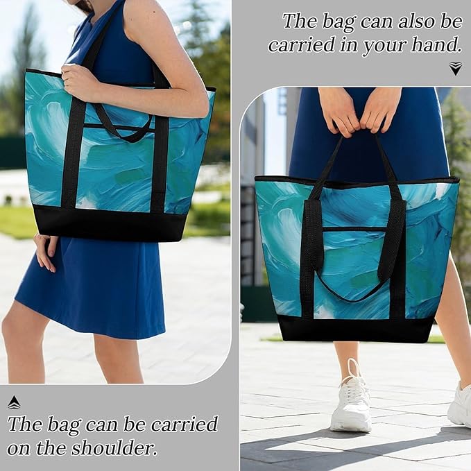 Insulated Shopping BagLarge Reusable Cooler Bags Blue Oil Paint Texture Printed Foldable Shopping BagTravel Waterproof Shoulder Bag