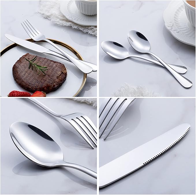 Stainless Steel Silverware Premium Stainless Steel Cutlery Set - Polished Flatware Knife Fork and Spoon Dishwasher Safe Tableware Multi-Colored Design (Multi Colored)