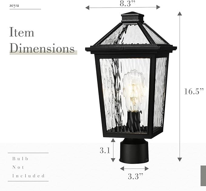 zeyu 16.5 Inch Large Post Lights Post Lamps Outdoor for Garden Porch Die-Cast Aluminum with Water Ripple Glass Black Finish ZX58MP-SW BK