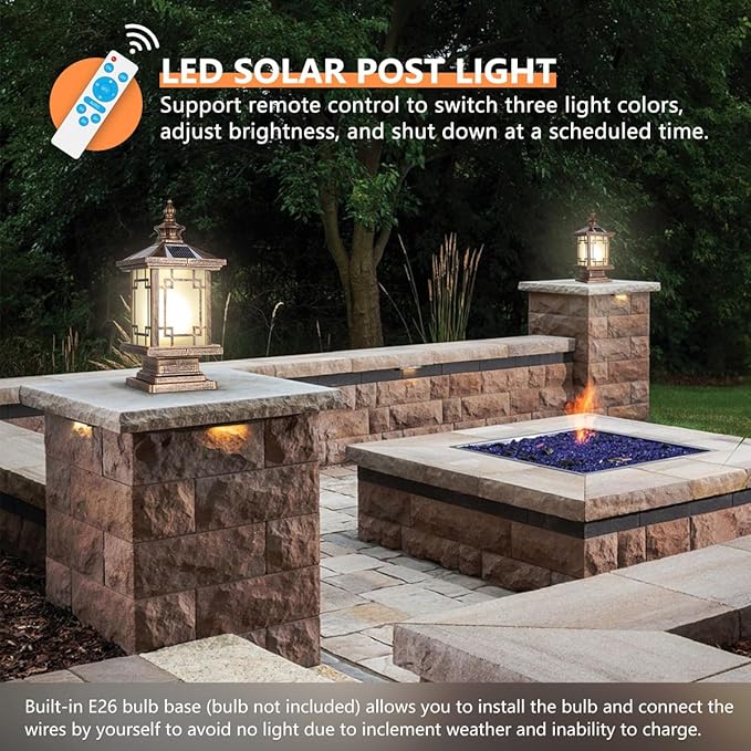 LED Solar Post Light Outdoor Aluminum Fence Post Cap Lamp Remote Control Dimmable Pillar Lights Solar IP65 Waterproof Column Light 15.7 X 7.3 Pillar Pedestal Lantern for Garden Yard