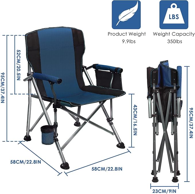 LEADALLWAY Folding Camping Chair Oversized Collapsible Camp Chair with Cup Holder and Removable Storage Bag Heavy Duty Support 351 LBS Portable Lawn Chair for Outdoor Camp Picnic Travel Fishing