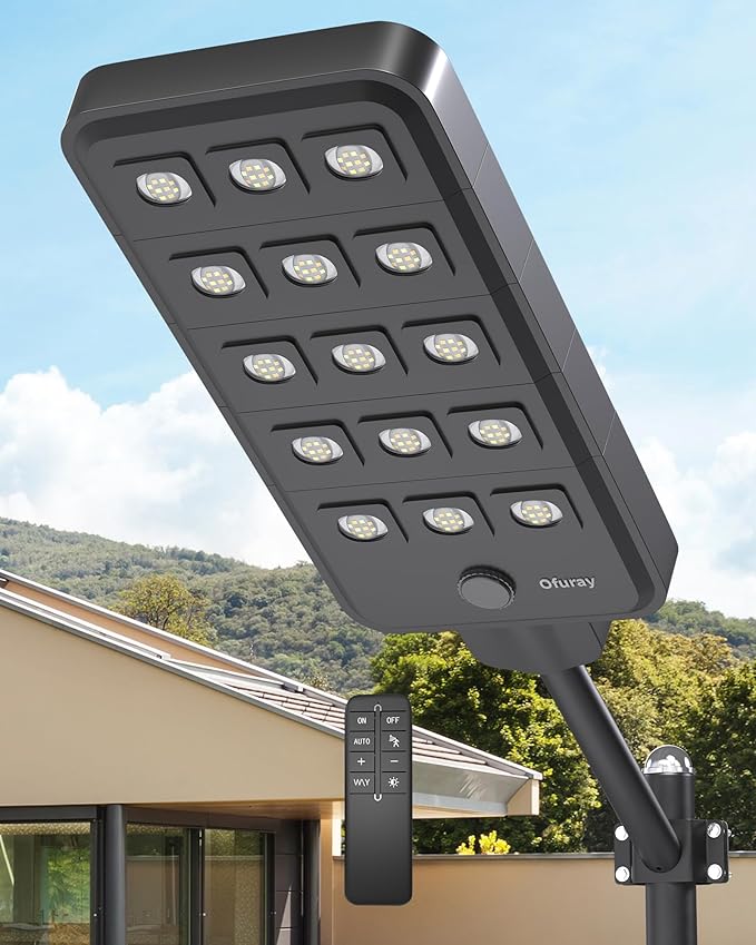 Ofuray Of-15000W Solar Street Lights OutdoorCommercial Dusk to Dawn Flood Light with Motion Sensor IP67 Waterproof 150LED High Power Security Lighting for Parking Lot Yard(Tri-Color)