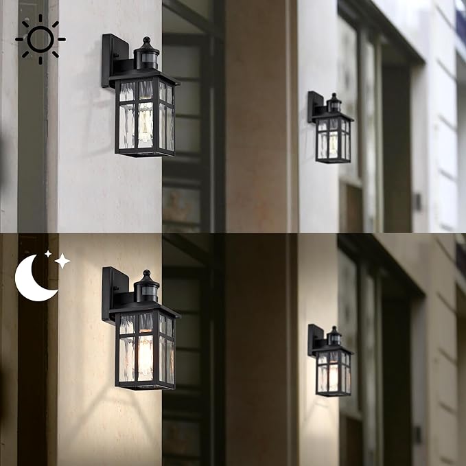 Edvivi Outdoor Wall Lights Exterior Dusk to Dawn Motion Sensor Outdoor Lighting Fixture with Water Glass 12 in. H 1-Light Matte Black Waterproof Wall Lantern Light for Patio Garden Garage Entryway