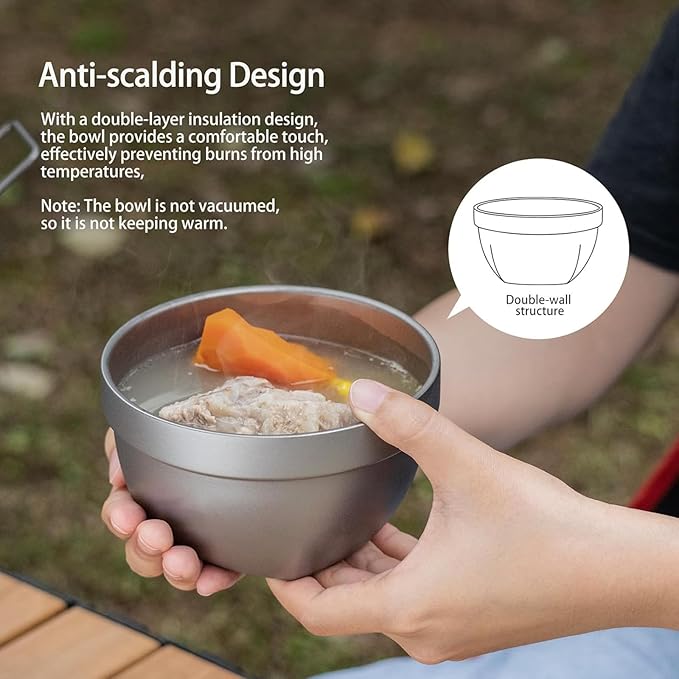 500ml Titanium Double Wall Bowl Ultralight Unbreakable Camping Tableware for Outdoor Hiking Picnic Backpacking Dishwasher Safe (Square Bowl)