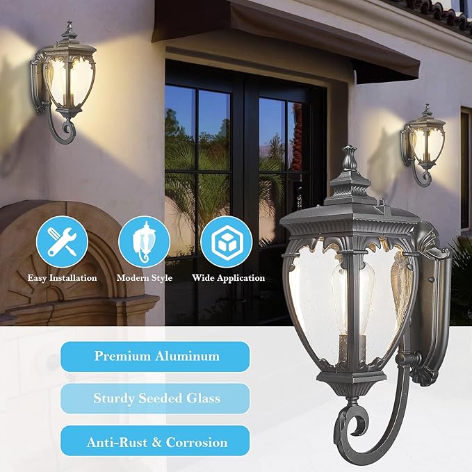 Porch Light Outdoor Wall Lights Exterior Lighting Fixtures 18.7 Inch Waterproof Black Porch Lights Outdoor Wall Sconces Light Fixture with Seeded Glass for Outside Patio Garage