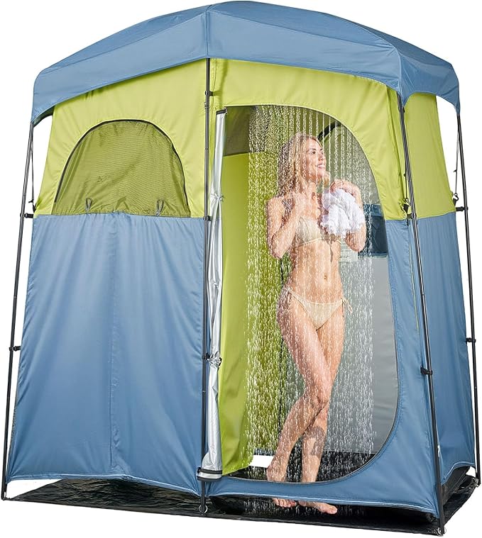 VEVOR Camping Shower Tent 2-Room Portable Privacy Tent Changing Room with Shower Bag Ground Stakes Ropes Carry Bag and Support Poles 150D Oxford Fabric with Silver Coating for Camping Fishing