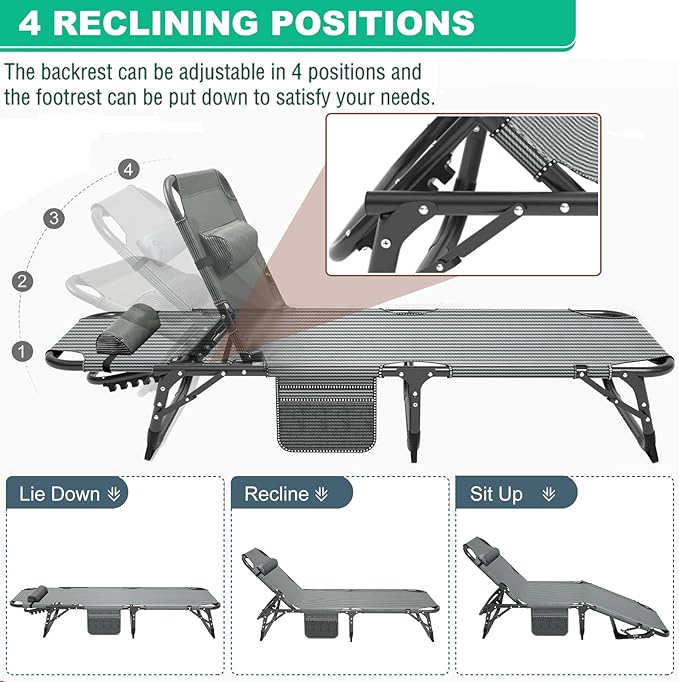 LILYPELLE Portable Folding Camping Cot Adjustable 4-Position Adults Reclining Chaise with Pillow Outdoor Portable Lounge Chair Sleeping Cot for Camping Pool Beach Patio