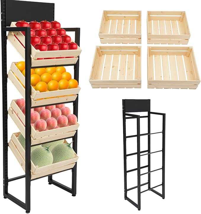 Wood Fruit and Vegetable Storage Rack 4-Tier Narrow Snack Rack Stand Farmers Market Stand for Kitchen Store Supermarket