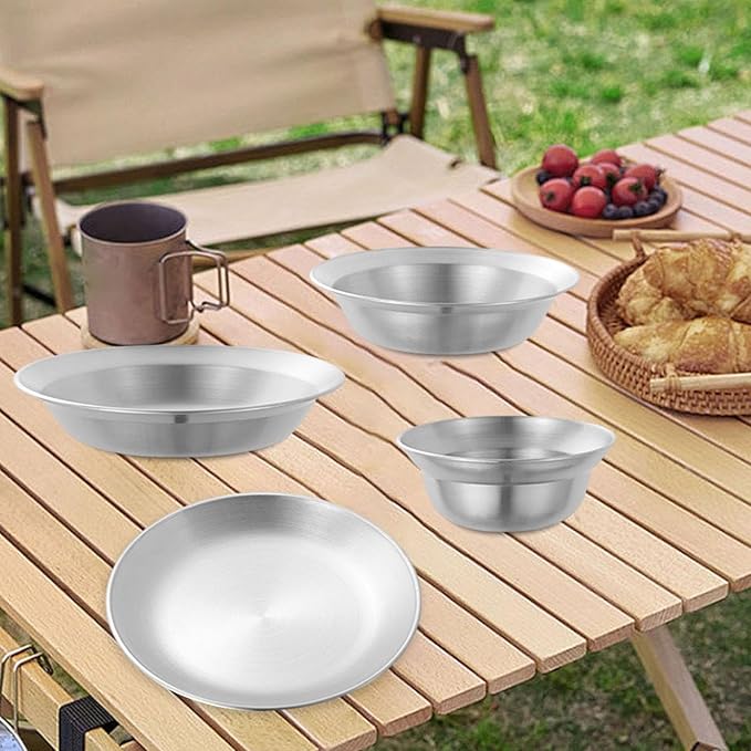pistro Stainless Steel Plates and Bowls Outdoor Tableware Insulated Metal Bowls Camping Utensils Dinnerware Set for Picnic BBQ Beach- 4pcs Silver
