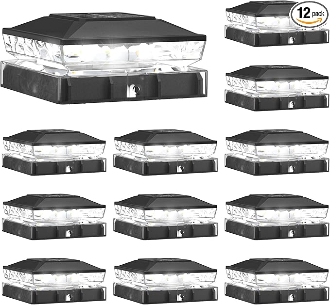 NIORSUN Solar Post Cap Lights Outdoor Waterproof 2 Lighting Modes 4x4 Post Solar Lights Fence Posts Solars Light for Deck Patio Garden Decoration 4x4 Posts Caps Wood Vinyl 12 Pack (Black)