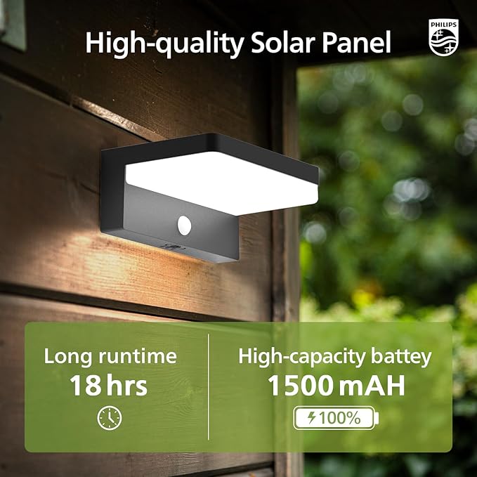 Philips Solar Motion Sensor Outdoor Wall Light 3 Lighting Modes 5000K IP54 Waterproof Solar LED Light for Garage Yard Porch