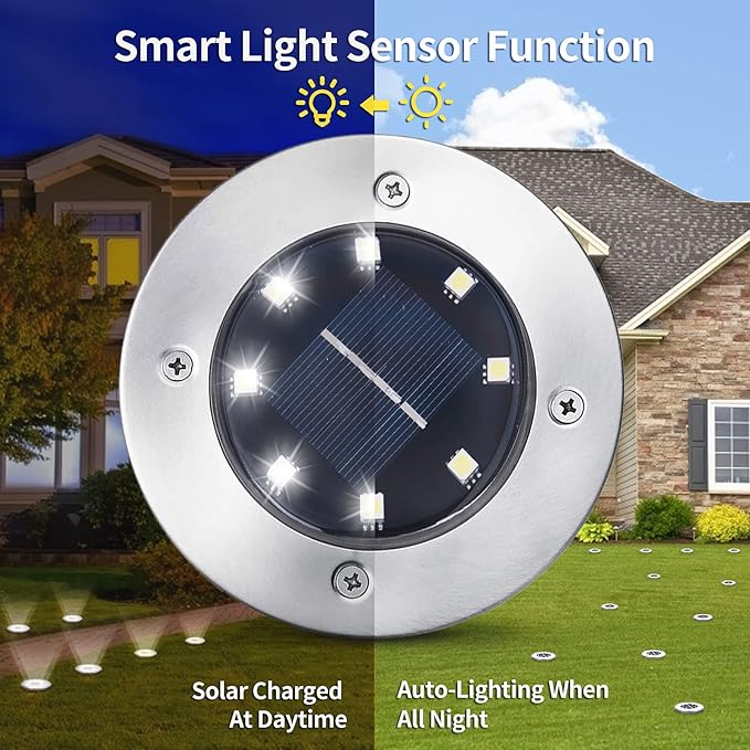Aogist 12 Pack Solar Disk Lights - 8 LED In-Ground Outdoor Landscape Lights for Pathway Yard Walkway Patio Lawn Path (Cold White)