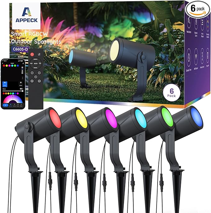 APPECK Smart Landscape Lighting Kit 36W RGBCW Smart Landscape Lights 6 Pack IP65 Waterproof Outdoor Spotlights Alexa/Google Assistant Compatible for Garden Pathway Yard Holiday Decor