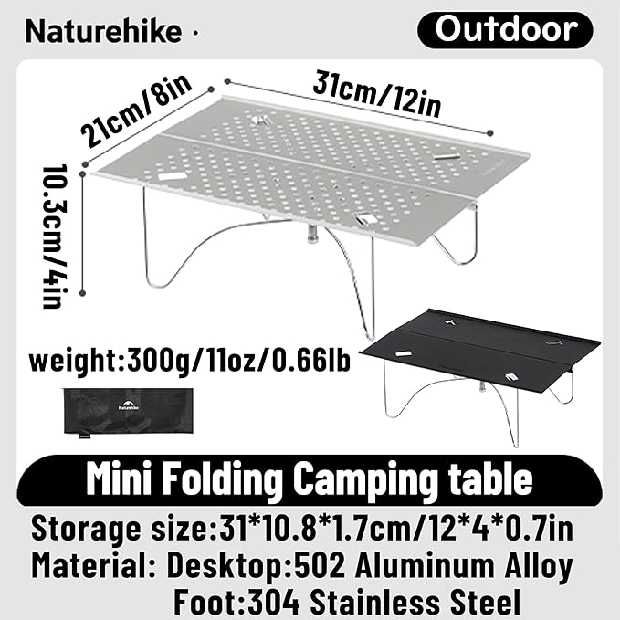 Naturehike 11oz Solo Folding Camping Table - 66lb Load Capacity Ultralight Mini Backpacking Table Aluminum No Assembly for Hiking Camping &amp Beach (Compact Small Side Table with Carry Bag) (Silv