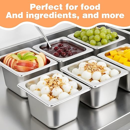 6 Pack Hotel Pans 1/6 Size 4 Deep Steam Table Pan Stainless Steel Hotel Pans for Buffet Restaurants Catering