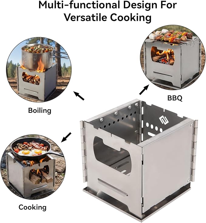 COOK'N'ESCAPE Portable Wood Burning Stove Foldable Stainless Steel Camp Burner with Titanium Grill Plate and Ash Tray Secondary Combustion Survival Gear for Hiking Outdoor Tent Camping Picnic BBQ