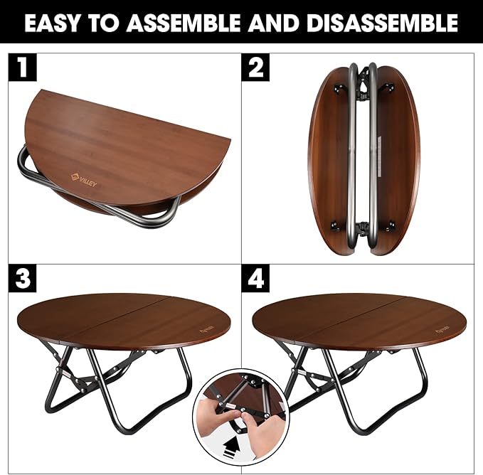 VILLEY Bamboo Round Folding Table Camping Half-fold Portable Table with Carrying Bag for Indoor &amp Outdoor Picnic Coffee Barbecue Beach Card Game