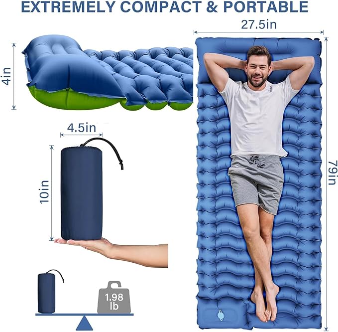 Camping Sleeping Pad Ultralight Inflatable Sleeping Mat with Built-in Foot Pump &amp Pillow Compact Air Mattress for Camping Backpacking Hiking Tent - Blue