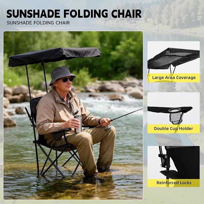 YOUNG WOOD Portable Camping Chair Beach Chair with Shade Canopy Fold Lightweight Oversized for All Easy to Open and Close Without Installation Side Pocket Design for All Outdoor ActivitiesBlack