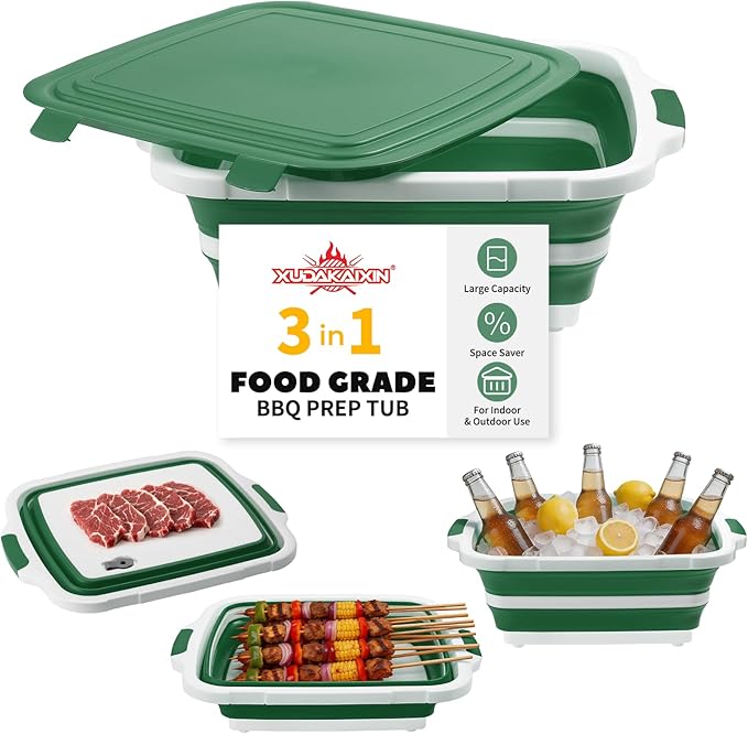 Collapsible BBQ Prep Tub for Meal Prep MarinatingFood Storage picnics camping barbecuescutting fruits and vegetables - Includes Cutting Board and Locking Lid(X-Large) Green