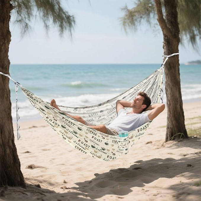 Camping Hammock Outdoor Hammocks for Outside Coffee Letters Beach Trees Portable Lightweight with Pockets Tree Straps Indoor