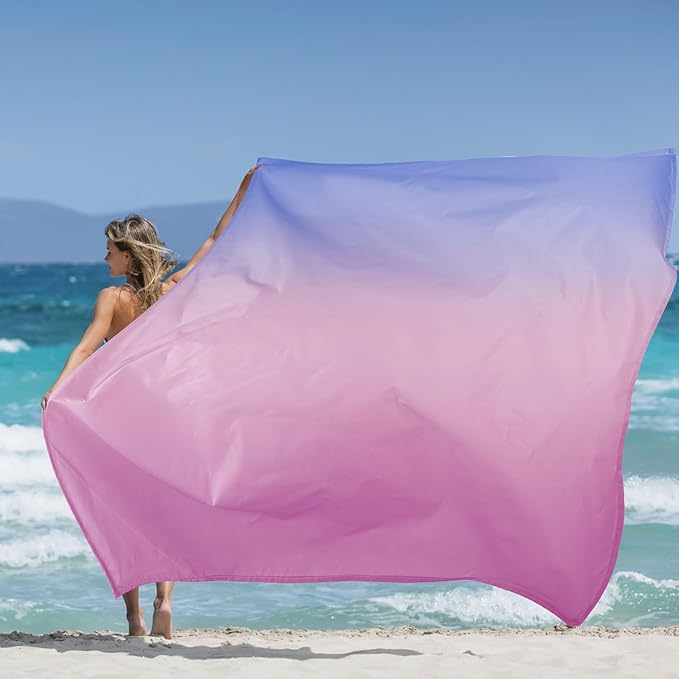 Large Beach Blanket Waterproof Sandproof Blue Pink Gradient Weighted Polyester Picnic Blanket Windproof w/Stakes and Sand Pockets Outdoor Camping Beach Mat Sand Free Fits 8 Adult for Travel Hiking