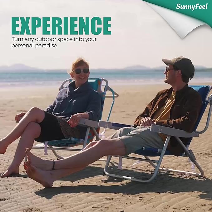 SUNNYFEEL Extra Wide 28 Low Beach Chair 5 Position Lay Flat XL Oversized Portable Folding Camping Chairs with Cup Holder for Outdoor/Trip Lightweight Foldable Backpack Beach Chair for Adults