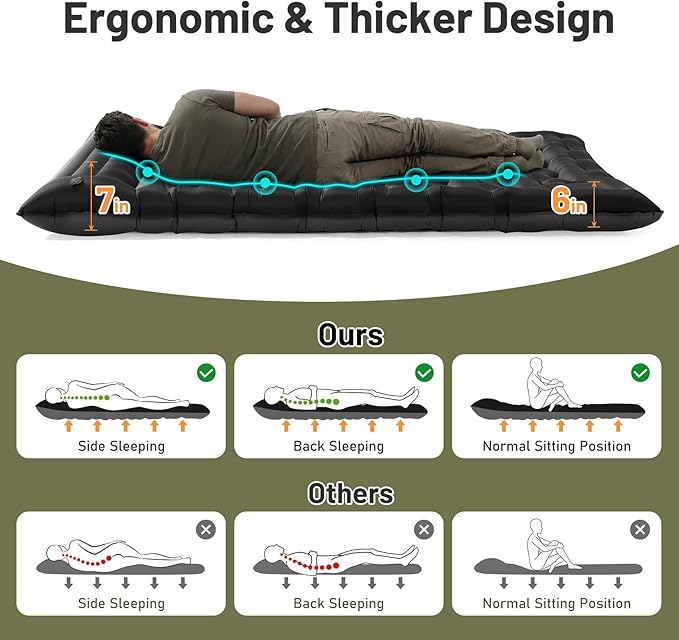 KASBAH Double Inflatable Camping Sleeping PadThick 6 inch 2 Person Ultralight Sleeping Mat with Built-in Foot Pump and PillowCamping Essentials for HikingBackpackingTraveling Tent