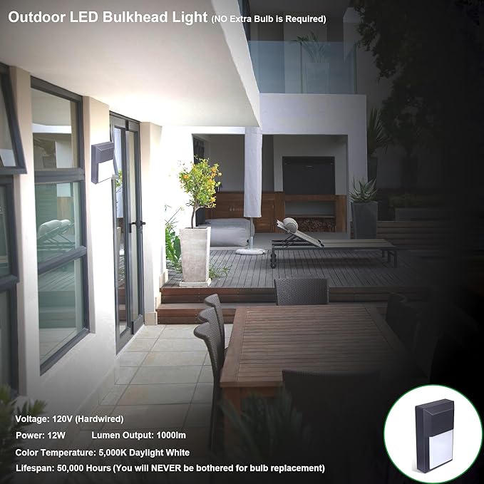 LIT-PaTH Outdoor LED Wall Lantern Wall Sconce as Porch Lighting Fixture 12W 1000 Lumens Aluminum Housing Plus PC 5000K Black Finish 1-Pack