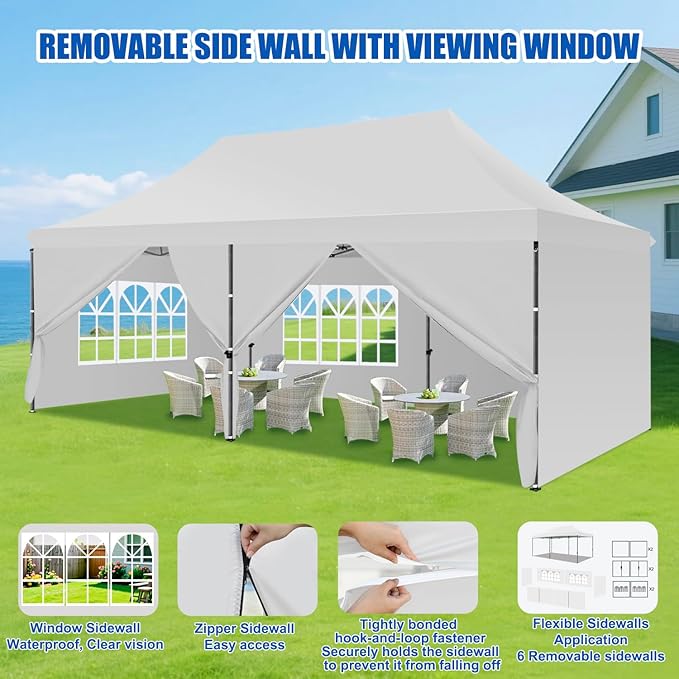 Yesker 10x20 Pop Up Canopy Tent with Sidewalls Instant Outdoor Canopy Waterproof &amp UV Protection Easy Setup Adjustable Height Heavy Duty Shelter Gazebo Tent for Patio Backyard Party Events Whit