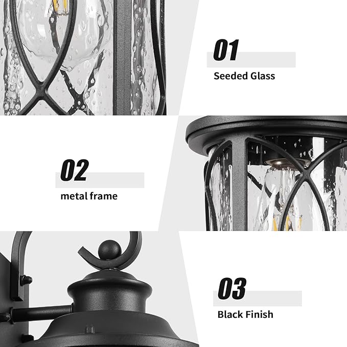 Treekee Outdoor Light Fixture Wall Mount Modern Exterior Wall Sconce with Seeded Glass &amp E26 Sockets for Front Porch Farmhouse Rustic Black Wall Lantern Lamp for Patio Garage Home Yard