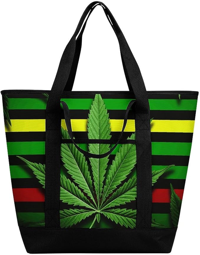 Insulated Shopping BagLarge Reusable Cooler Bags Weed Striped Printed Foldable Shopping BagTravel Waterproof Shoulder Bag