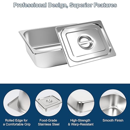 4 Pack 1/2 Half Size Hotel Pans 4 Inch Deep with Lids Stainless Steel Steam Table Pan Half Size with Lids Commercial Food Pans for Hotel Home Restaurant Catering Buffet Pan