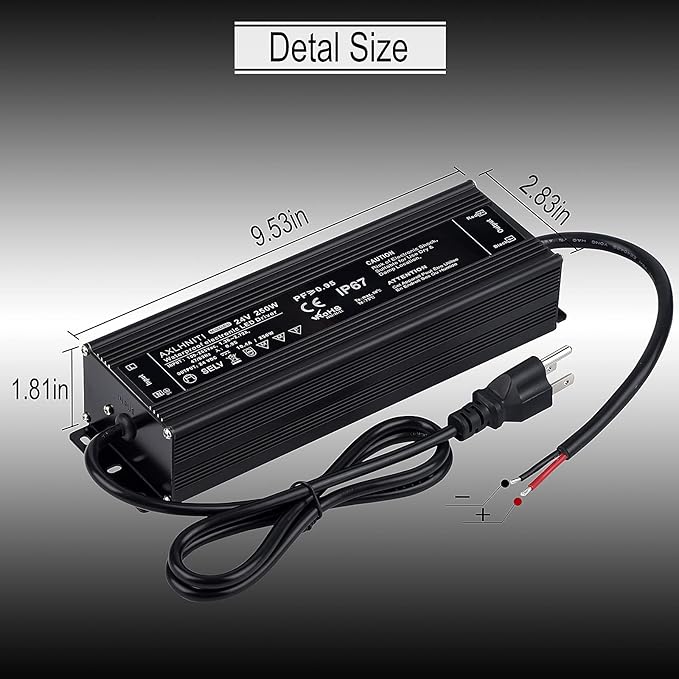 LED Power Supply 250W Waterproof IP67 100V-265V AC to 24V DC 3-Prong Plug with 3.3 Feet Cable for LED Strip Lights