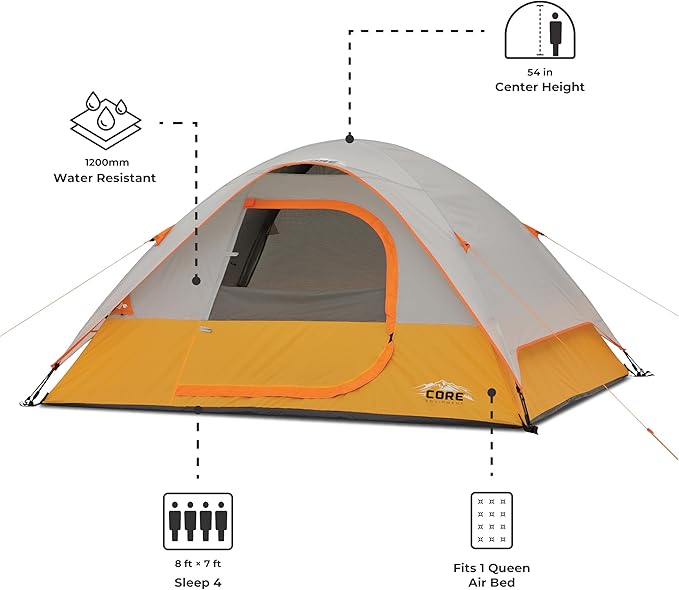 CORE Tent for Family Camping Hiking and Backpacking | 3 Person / 4 Person / 6 Person / 9 Person Person Dome Camp Tents with Included Tent Gear Loft for Outdoor Accessories