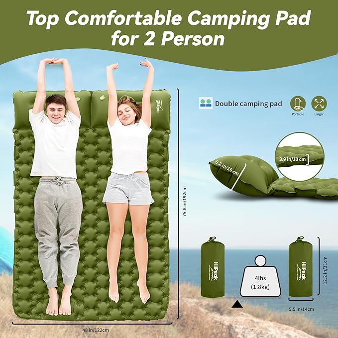 HiiPeak Double Sleeping Pad - Self Inflating 3 Extra-Thick for 2 Person with Pillow Built-in Foot Pump Inflatable Sleeping Mat for Backpacking Hiking Traveling Tent Portable Camping Mat (Green)