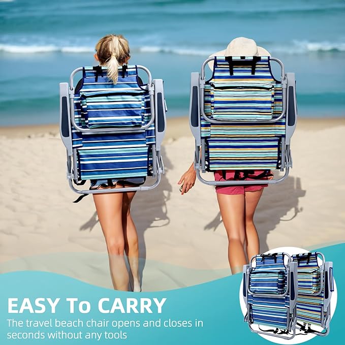 Backpack Beach Chair for Adults Folding Beach Chair with 4 Positions Heavy Duty Chair with Large Cooler Pouch Support to 350LBS (Stripes_Blue&ampCyan&ampYellow)
