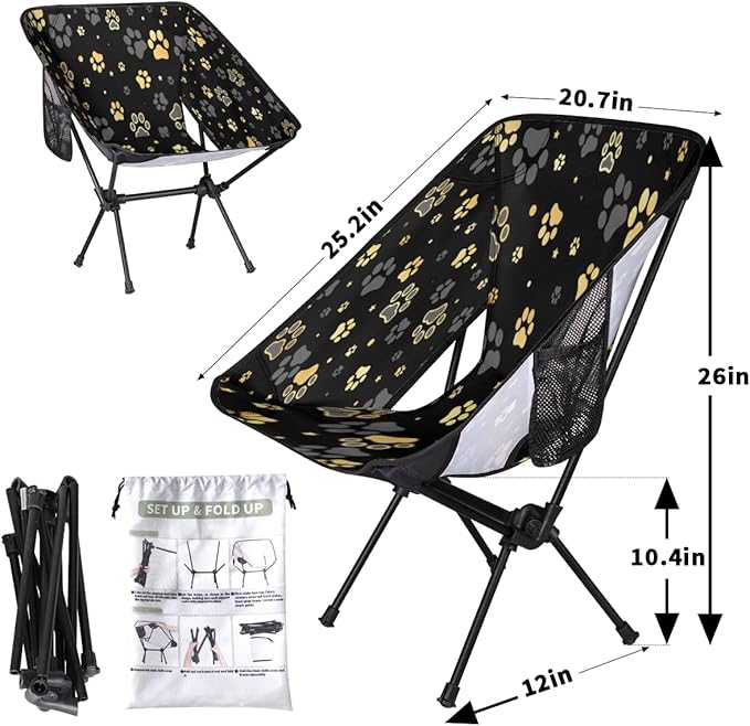 Black Gold Dog Pattern Camping Chair Lightweight Portable Chairs for Adults Easy Installation Outdoor Foldable Camping Chair for Camping Fishing Hiking Picnic Beach