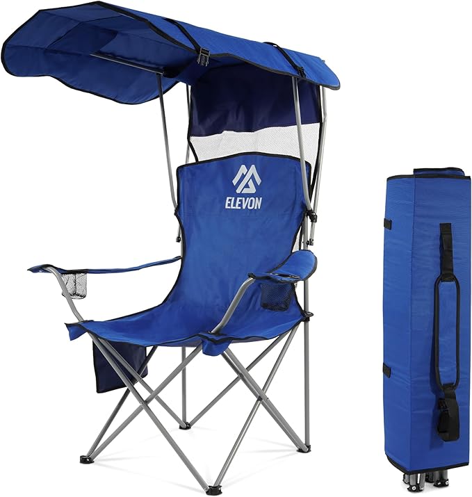 Elevon Camping Chair Oversized Folding Chair with Canopy Portable Outdoor Chair with Arms Cup Holder and Carry Bag for Camping Fishing Beach and Sports Sky Blue