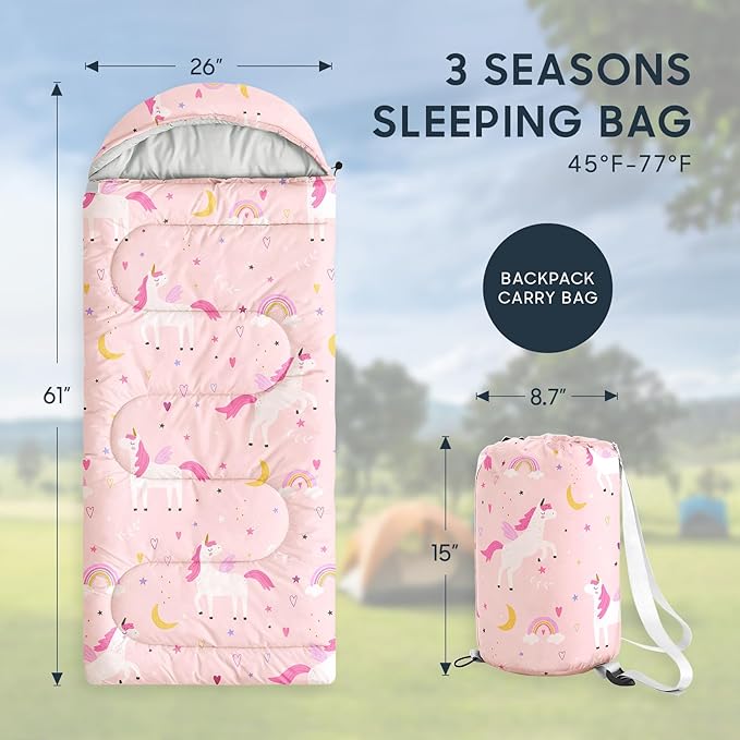 Wake In Cloud - Kids Sleeping Bag for Girls Toddlers Camping in Warm Cold Weather Backpacking Lightweight Compact Outdoor Liner for 3 Seasons Celestial Unicorns