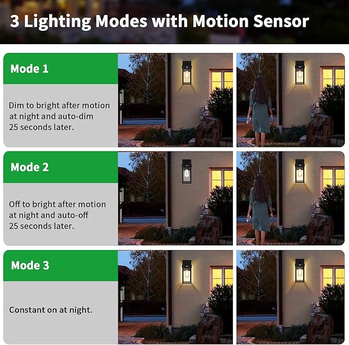Auzev Outdoor Solar Wall Lights Fixtures Exterior Solar Lantern Lights With Clear Panel Motion Sensor 3Lighting Modes Modern Sconce Waterproof Outside Lamp for House Garage (Black-1P)