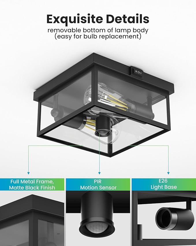 Outdoor Ceiling Light with Motion Sensor 12'' Flush Mount Porch Light Exterior Light Fixture with Clear Glass Dusk to Dawn 2-Light Fixture for PatioPorch