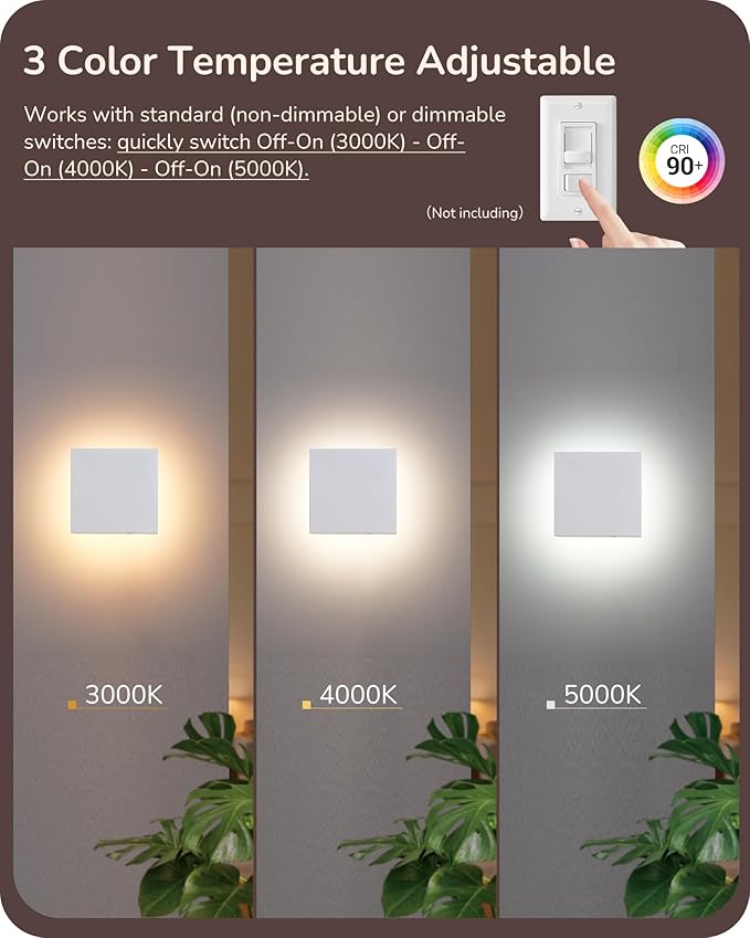 EDISHINE 2 Pack LED Outdoor Wall Lights Exterior/Interior 3000K-5000K Dimmable Wall Sconce Small Square Modern Exterior Lighting Fixtures IP65 Waterproof Aluminum Outside Porch Light White