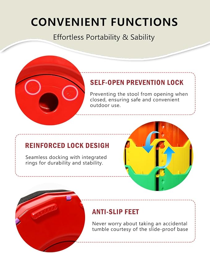 Upgraded Collapsible Stool 400LBS - Portable Adjustable Height (2.5-18) Quick Open Folding Seat for Camping Beach Travel (Rainbow Red)