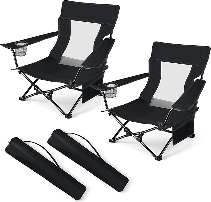 HaSteeL Folding Beach Chair Set of 2 Foldable Black Camping Chairs for Outside Low Beach Chair Portable for Adults Fishing Picnic Outdoor BBQ Travel Sports Cup Holder &amp Storage Bag