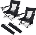 HaSteeL Folding Beach Chair Set of 2 Foldable Black Camping Chairs for Outside Low Beach Chair Portable for Adults Fishing Picnic Outdoor BBQ Travel Sports Cup Holder &amp Storage Bag