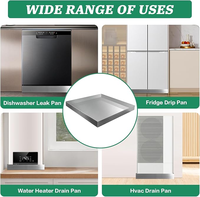 Washing Machine Pan Heavy Duty 27x25 Inch Washer Drain Pan 304 Stainless Steel Washing Machine Tray for Floor Protection Leak Proof Washer Pan Tray (27X25X2.5)