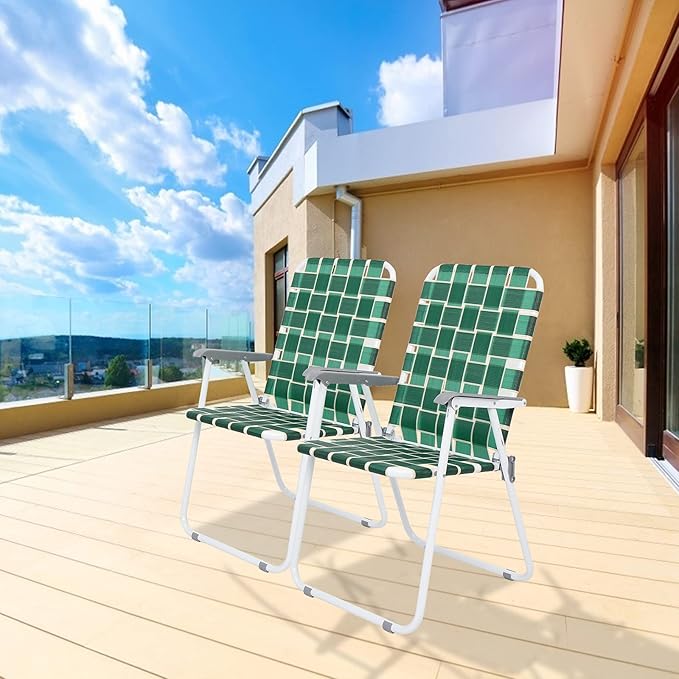 Bonnlo Foldable Patio Chair Set of 2 Heavy-Duty Steel Frame Supports 265 lbs/120 kg Ultra-Lightweight Portable for Travel Poolside Camping Beach (Green Crisscross Weave)