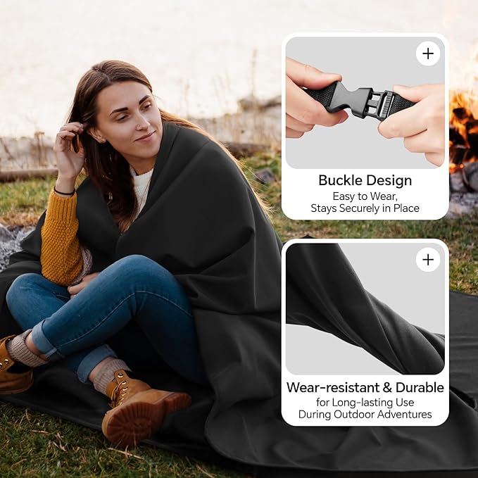 BEDELITE Large Waterproof Camping Blanket for Spring and Autumn Lightweight Packable Blanket for Car Foldable Fleece Stadium Blanket for Outdoor Sports Wearable Machine Washable 55 x 80Black